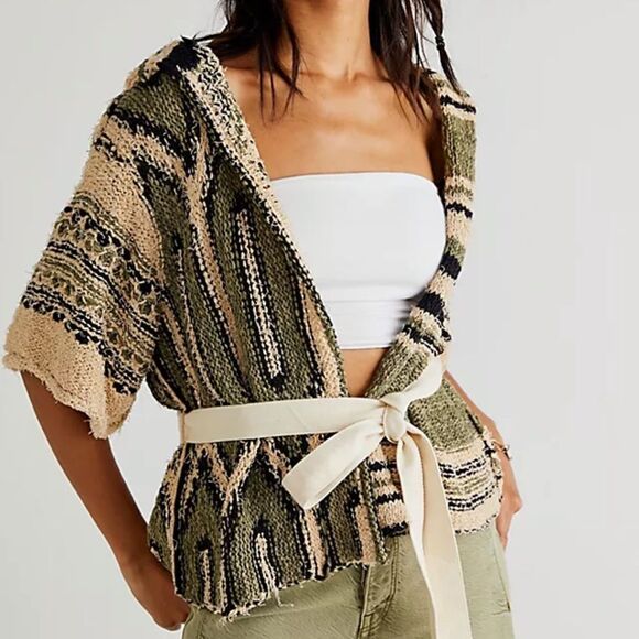 Free People Desert Palm Wrap Cardigan in Olive Beige Combo Small MSRP $248 - Picture 1 of 12